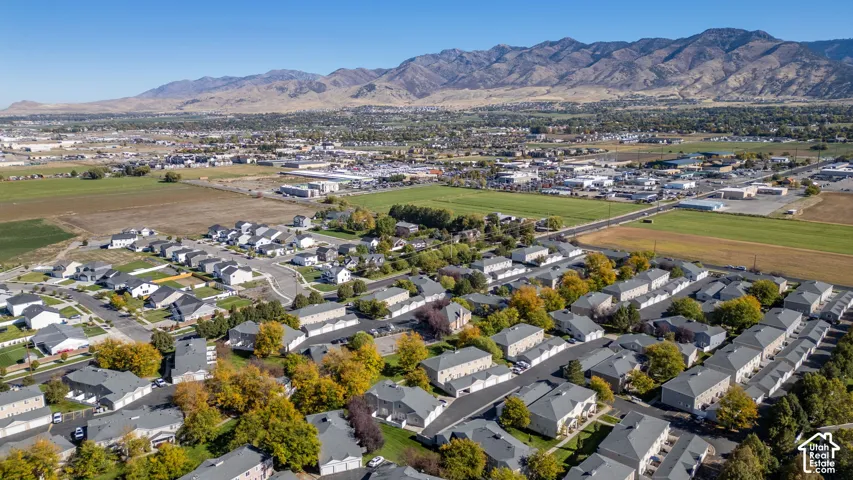 Aerial perspective of the residential community featuring multi-family housing units, paved street infrastructure, mature deciduous trees, and a mountain range backdrop