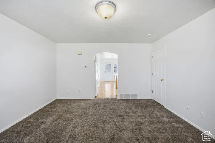 Interior space featuring neutral-toned carpeting, a dome-style ceiling light fixture, a six-panel door, and a rounded arched entryway