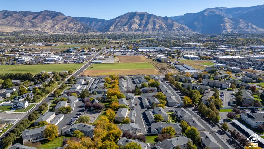 Aerial perspective featuring multi-family residential structures, established tree canopy, and a prominent mountain range backdrop
