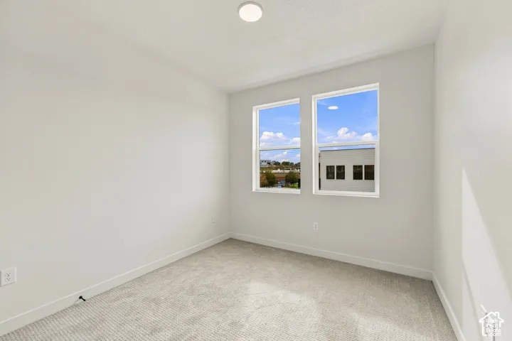 Neutral-toned interior space featuring light-colored wall-to-wall carpeting, dual double-pane windows, and a flush-mount ceiling light fixture