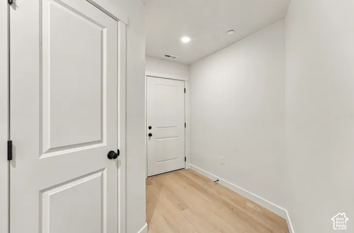 Interior space featuring light wood-finish flooring, two-panel interior doors with matte black hardware, and neutral wall tones