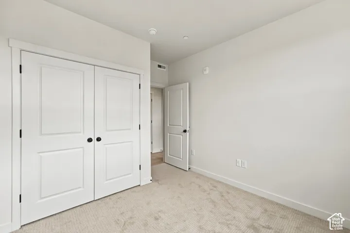 Neutral interior featuring plush wall-to-wall carpeting, double-panel closet doors with matte black hardware, and crisp white trim