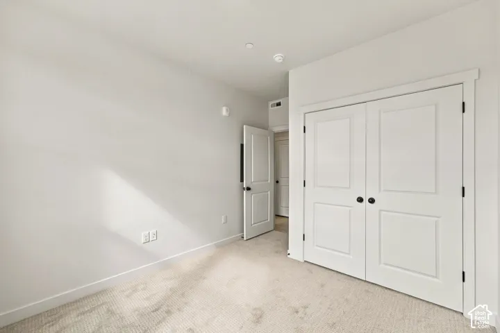 Neutral-toned carpeting, two-panel interior doors with matte black hardware, and double-door closet storage