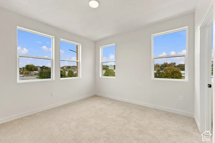 Neutral-toned carpeting, crisp white walls, and four single-hung windows providing ample natural light