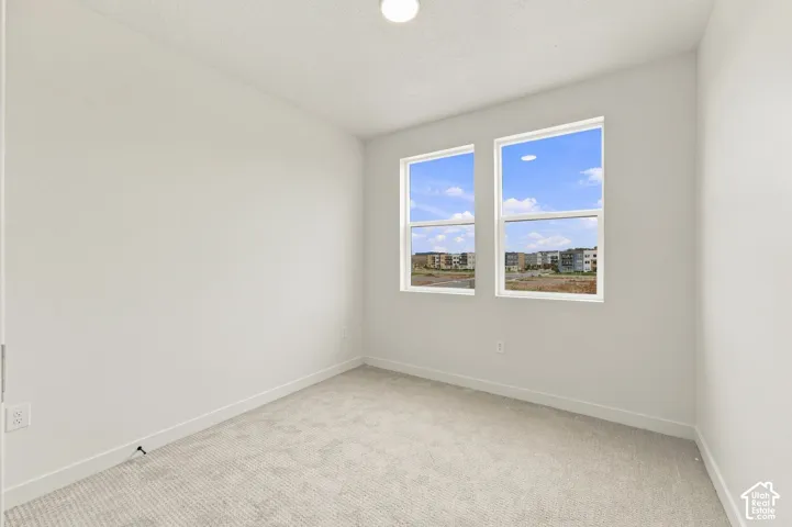 Neutral-toned carpeted flooring, white wall finishes, dual single-hung windows, and ceiling-mounted lighting