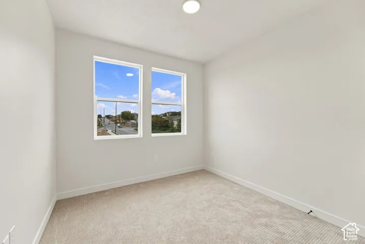 Neutral-toned room featuring wall-to-wall carpeting, dual windows, and a flush-mount ceiling light