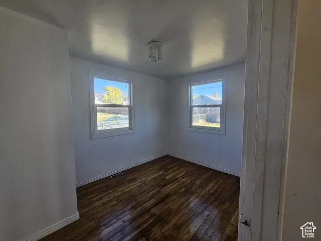 Room featuring wood-finish flooring, two dual-pane windows, and a multi-bulb flush-mount ceiling fixture