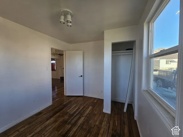 Interior room featuring wood-finish flooring, a built-in closet with shelving, and a multi-directional ceiling light fixture
