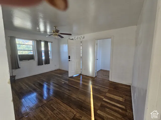 Interior space featuring wood-finish flooring, a ceiling fan with integrated light fixture, multi-pane windows, and a panel door