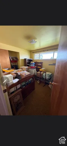 Room with carpeted flooring, a ceiling-mounted light fixture, a horizontal sliding window, and a built-in closet