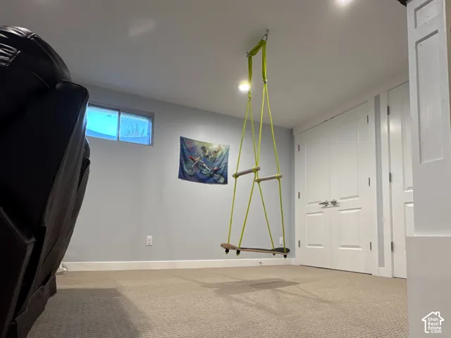 Neutral-toned carpeting, recessed ceiling lighting, double-panel doors, and an egress-style window