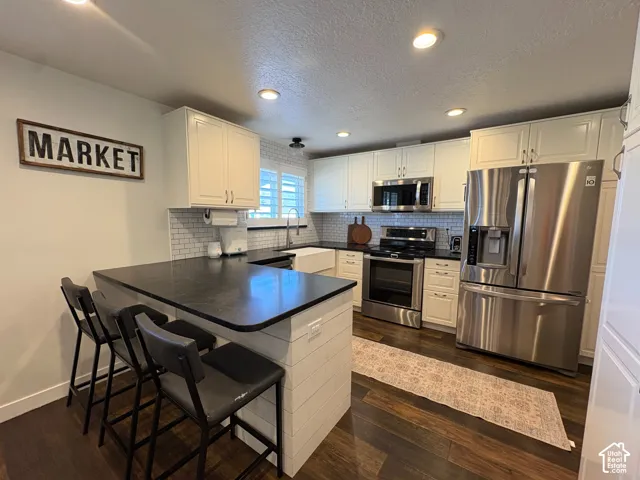 Kitchen featuring white shaker-style cabinetry, dark countertops, a farmhouse-style apron sink, stainless steel appliances, and a shiplap-accented peninsula