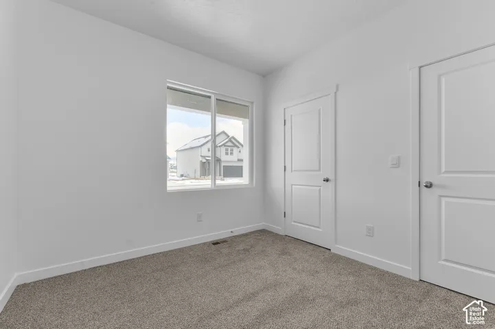 Neutral wall finishes, carpeted flooring, two interior panel doors, and a double-pane window