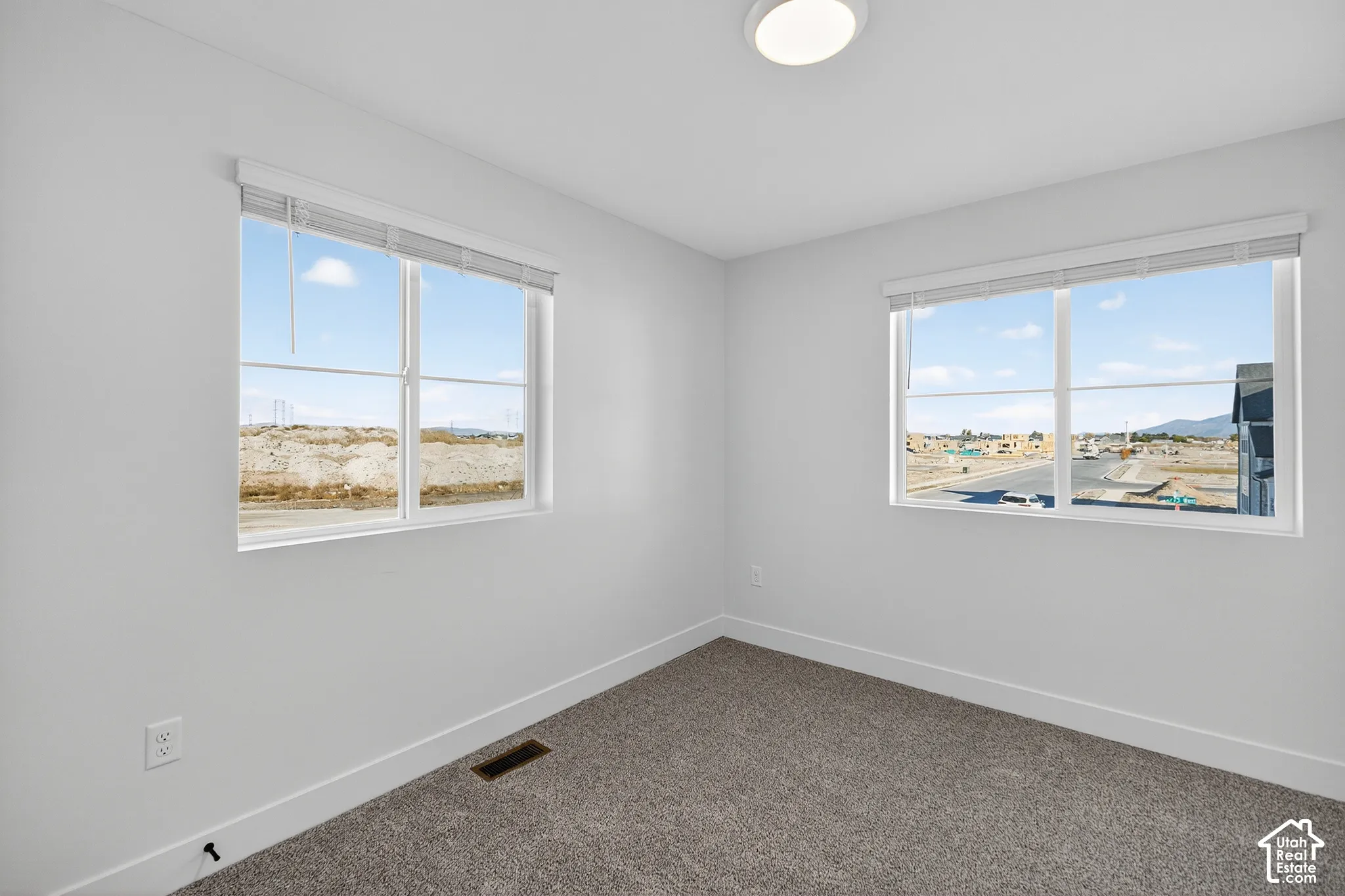 Neutral-toned interior room featuring wall-to-wall carpeting, dual-pane windows with horizontal blinds, and a circular flush-mount ceiling light fixture