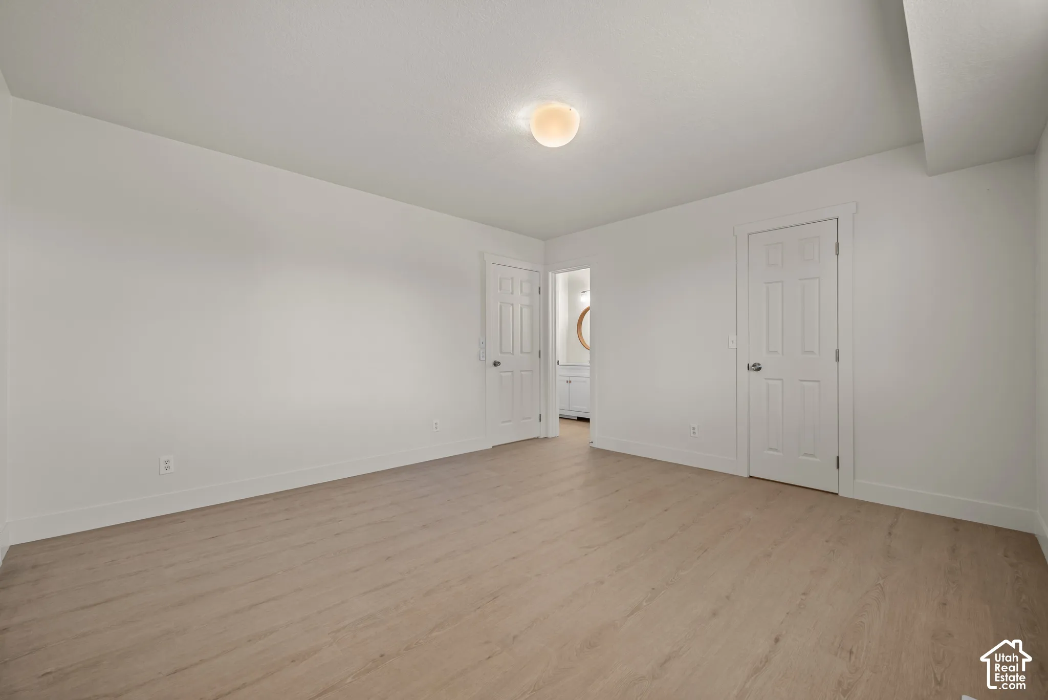 Neutral-toned room featuring wood-finish flooring, crisp white wall paint, two six-panel interior doors, and a flush-mount ceiling fixture