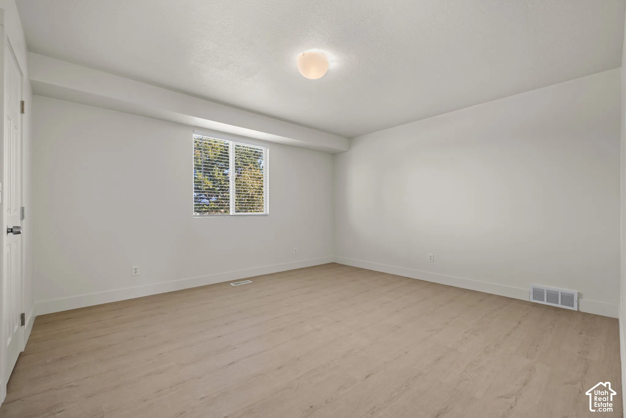 Neutral-toned room featuring wood-finish flooring, a single-pane window with installed blinds, and a centered flush-mount ceiling light fixture