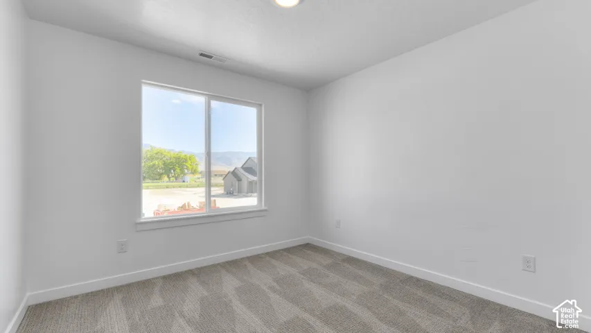 Neutral-toned carpeting, crisp white wall finish, and a large sliding window with exterior mountain scenery