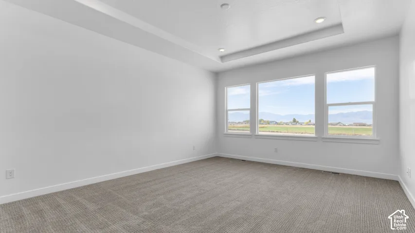 Tray ceiling with recessed lighting, neutral carpeting, and oversized windows showcasing mountain and rural scenery