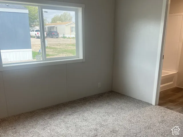 Room featuring neutral-toned carpeting, large sliding window with white trim, and a built-in tub shower combination with surround