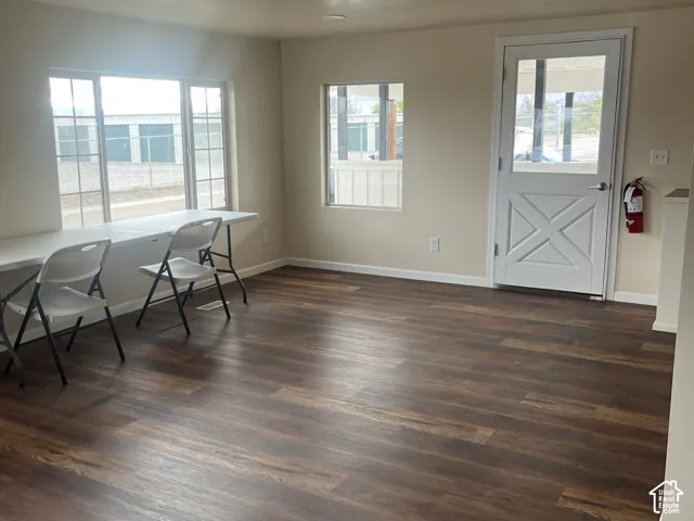 Interior space featuring dark wood-finish flooring, multi-pane windows, and a white exterior door with a glass insert