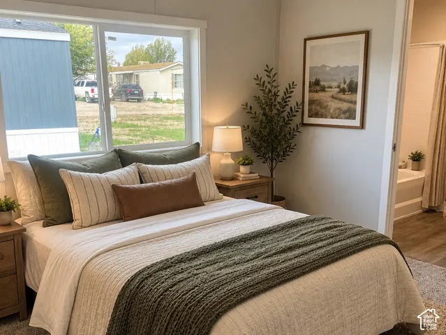 Master Bedroom. Dual pane window, neutral wall palette, and wood-finish flooring. AI Staging.