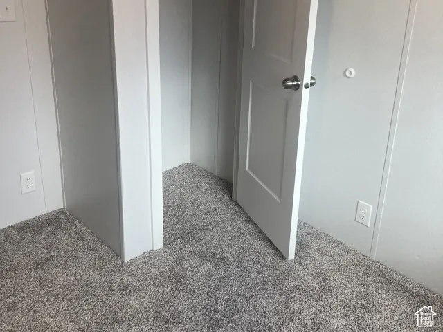 Bedroom 2. Interior space featuring neutral wall paneling, wall-to-wall carpeting, and a white two-panel door with metallic hardware
