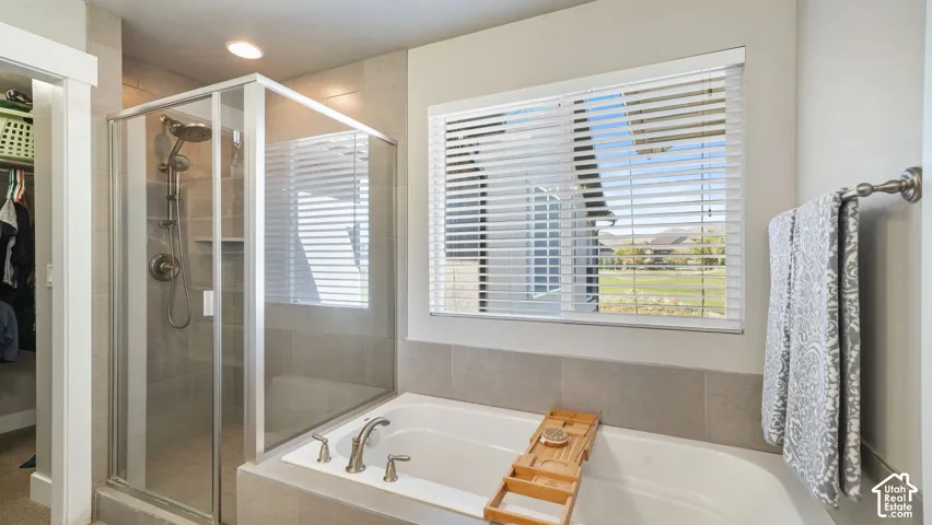 Primary bathroom with walk-in glass-enclosed shower, deep soaking tub