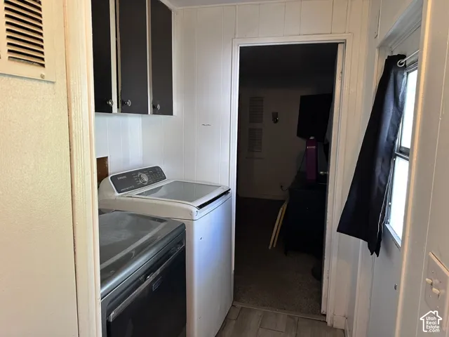 Laundry area just off the kitchen with back entry door.