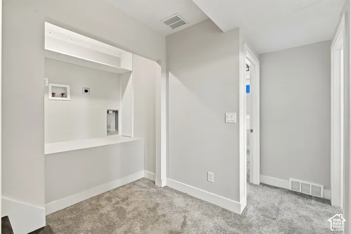 Utility area featuring carpeted flooring and built-in shelving with integrated laundry hookups