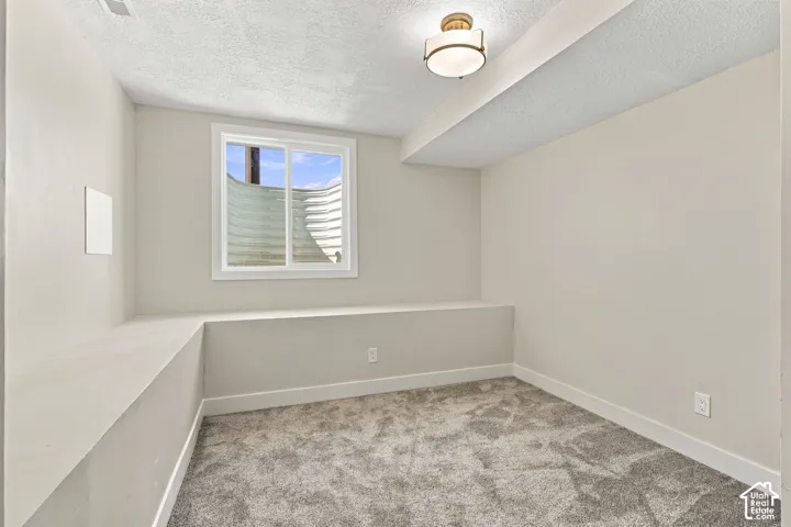 Room featuring neutral wall-to-wall carpeting, an egress window with a window well, a tiered architectural ledge, and a ceiling-mounted flush light fixture