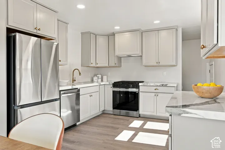Kitchen featuring light-toned shaker cabinetry, stone countertops, stainless steel appliances, a high-arc faucet, and wood-finish flooring