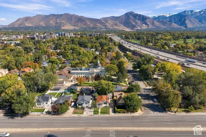 Aerial perspective of the residential area featuring a prominent mountain backdrop and mature deciduous trees throughout the neighborhood
