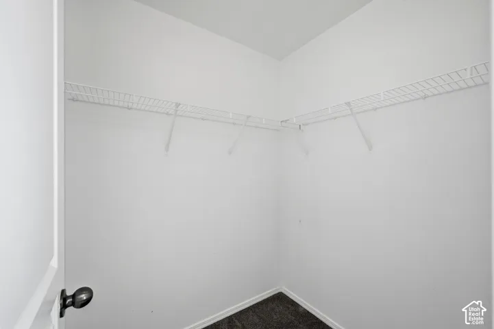 Walk-in storage space featuring neutral carpeting and wrap-around white wire shelving