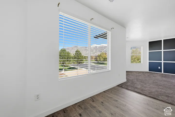 Large windows featuring horizontal blinds, wood-finish flooring, wall-to-wall carpeting, decorative wall paneling, and mountain backdrop
