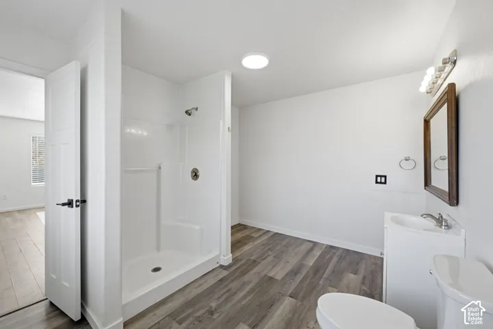 Bathroom featuring a white walk-in shower with integrated seating, wood-finish flooring, a white vanity with a rectangular sink, and a wall-mounted mirror
