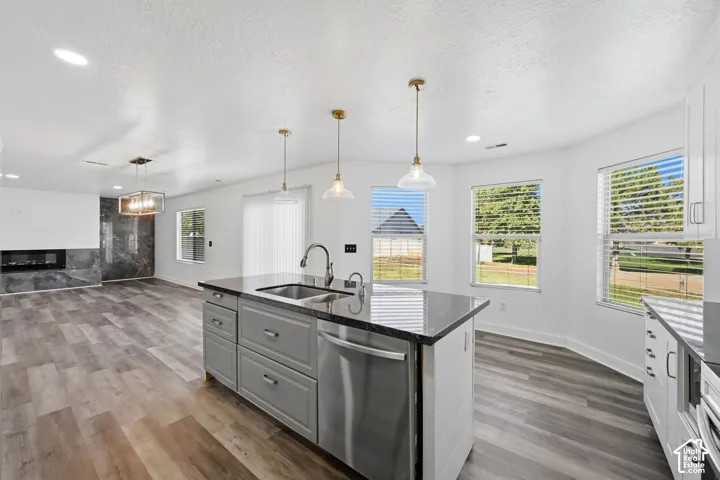 Kitchen featuring a central island with a stone-finish countertop, stainless steel dishwasher, grey cabinetry, and recessed lighting, complete with wood-finish flooring and a stone-clad fireplace
