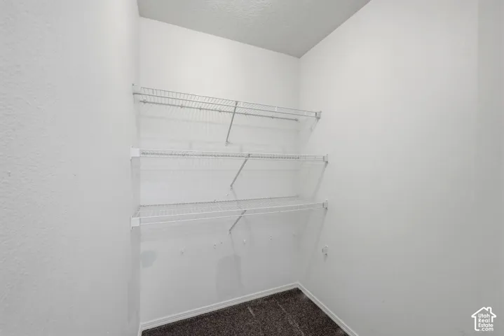 Storage area featuring white walls, carpeted flooring, and three levels of white wire shelving