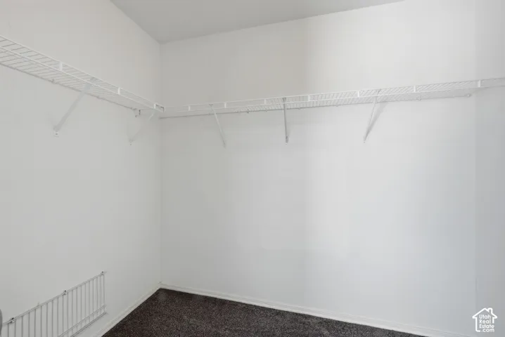 Walk-in storage space featuring neutral carpeting and tiered white wire shelving