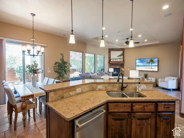 Kitchen breakfast bar off the great room.