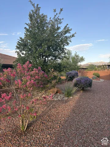 Landscaped yard featuring ornamental flowering trees, native vegetation, rock ground cover, and a masonry perimeter wall