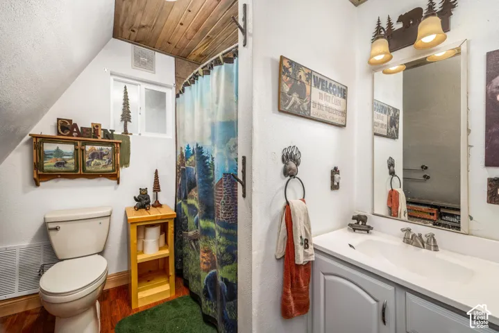 Bathroom featuring wood-plank ceiling, white vanity with integrated sink, rectangular mirror with decorative light fixture, and wood-finish flooring