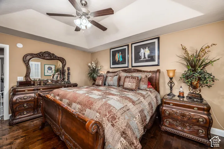 Tray ceiling featuring a central brushed-nickel ceiling fan with integrated lighting and dark-toned wood-finish flooring