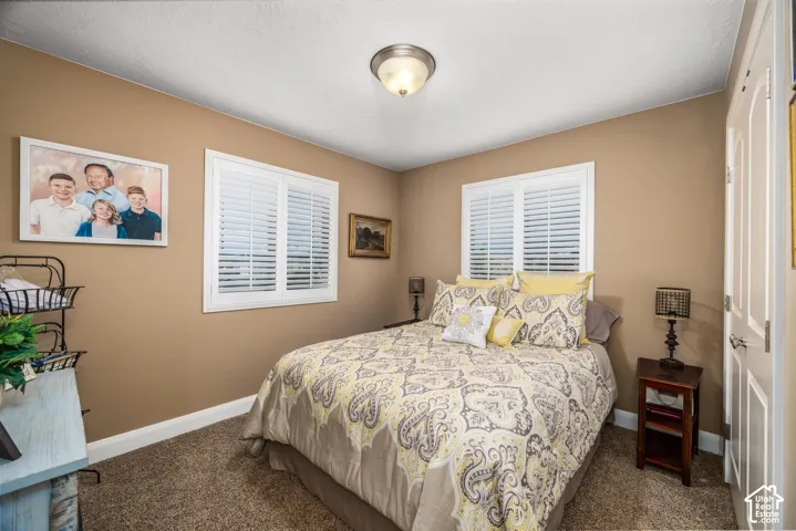 Interior room featuring wall-to-wall carpeting, two windows with white plantation shutters, a ceiling-mounted light fixture, and arched-panel interior doors