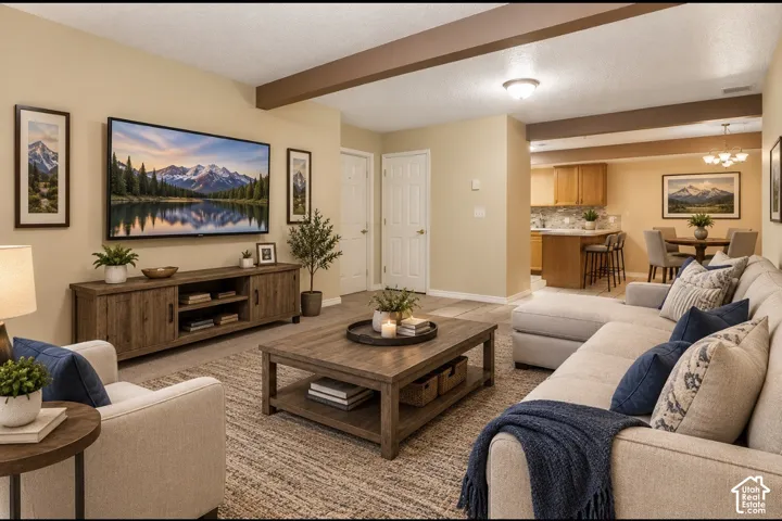 Open-concept interior featuring structural wood-finish ceiling beams, neutral paint palette, and recessed lighting