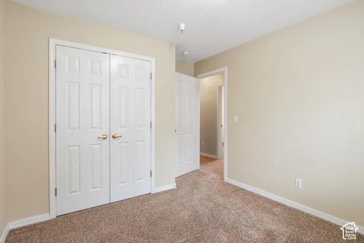 Neutral wall tones, carpeted flooring, and double-panel doors featuring brass-finish hardware