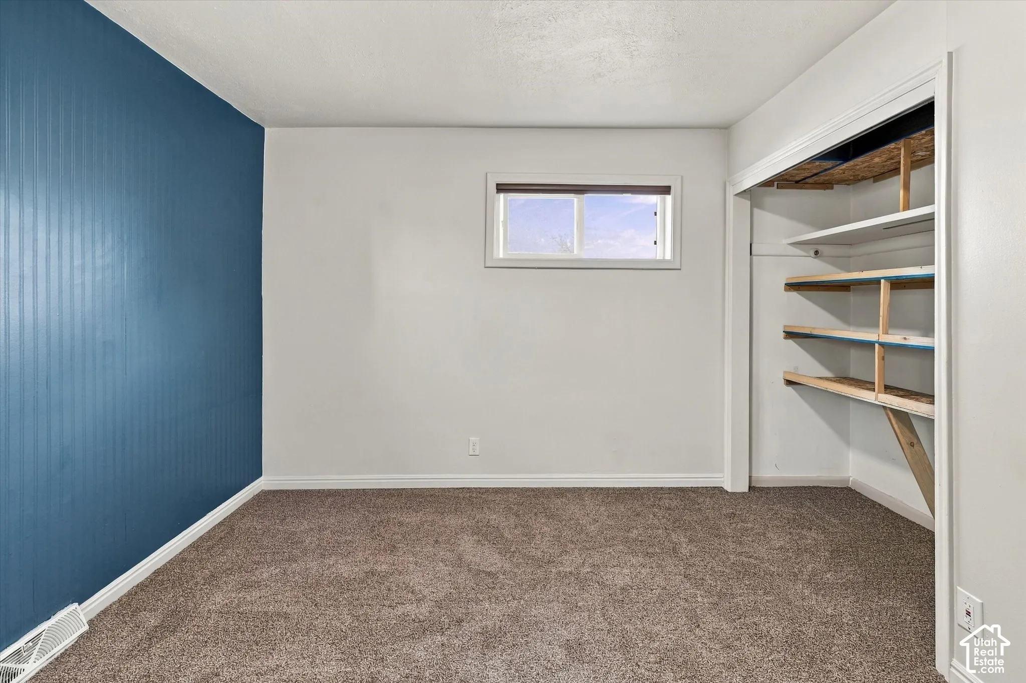 Room featuring carpeted flooring, a bold blue accent wall, a sliding-window, and an open closet with built-in wooden shelving
