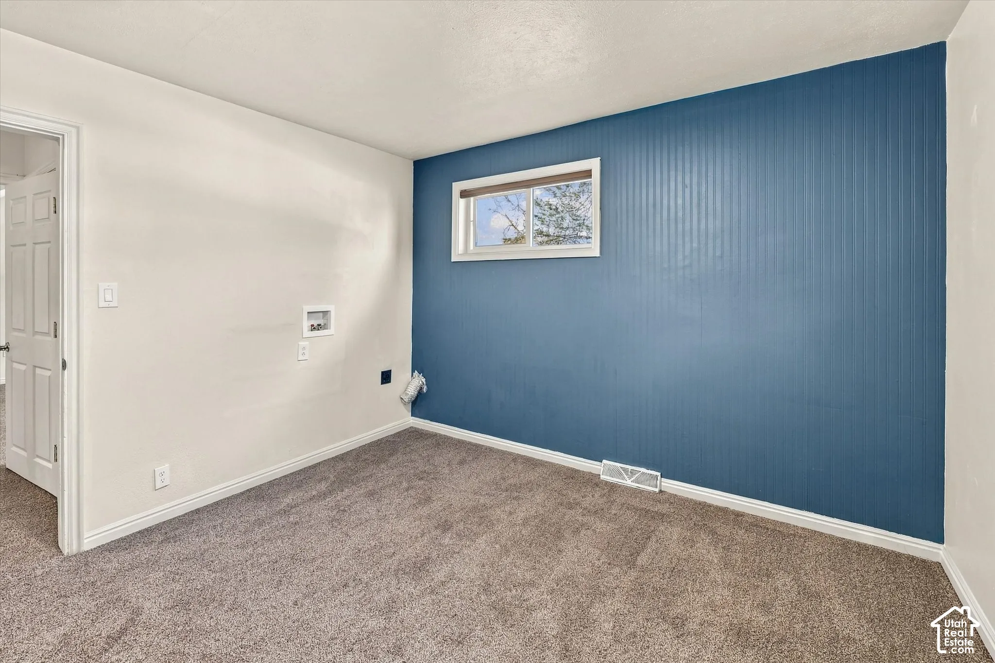 Room featuring neutral carpeting, a blue vertical-paneled accent wall, a sliding window, and integrated laundry hookups,  Could be used as a bedroom, or main level laundry.