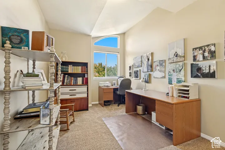 Vaulted ceiling featuring an arched transom window and neutral carpeting