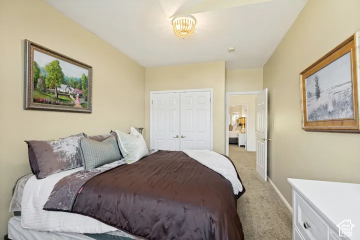 Neutral-toned room featuring neutral carpeting, a dual-door closet with white trim, and a decorative flush-mount ceiling light fixture