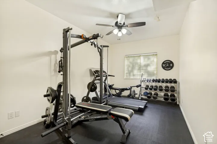 Interior room featuring a vaulted ceiling with a multi-blade ceiling fan and light fixture, a horizontal window with adjustable blinds, and dark resilient flooring